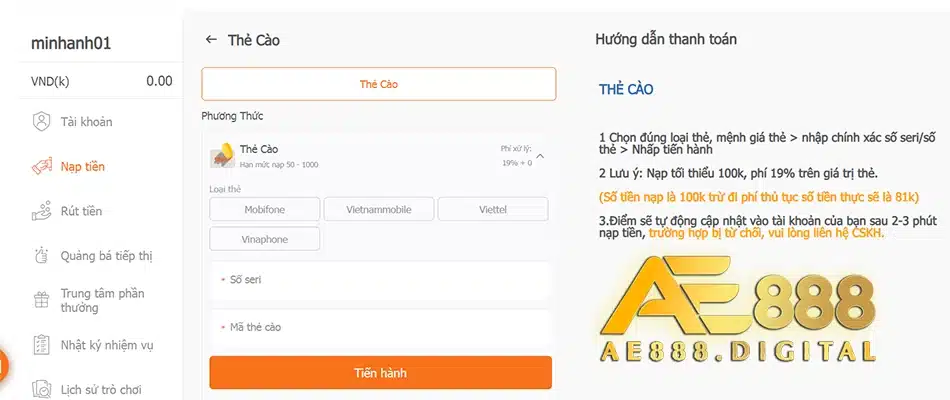hướng dẫn Cách nạp tiền AE888 bằng thẻ cào điện thoại